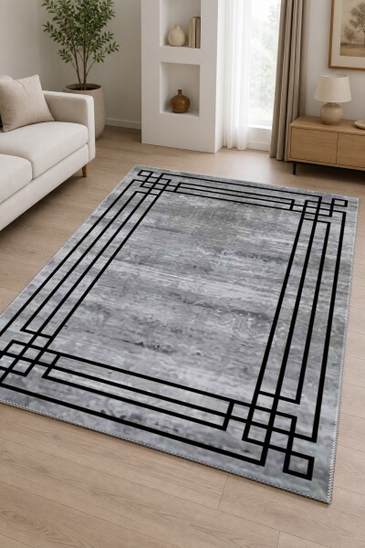Eskitme Çiçekli Dokulu Art Deco Çerçeveli Dekoratif Salon Halısı – Gri Siyah