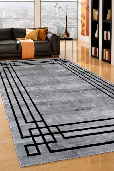 Eskitme Çiçekli Dokulu Art Deco Çerçeveli Dekoratif Salon Halısı – Gri Siyah
