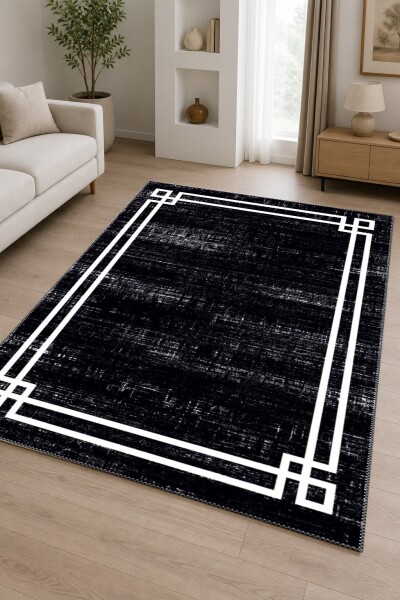 Koyu Keten Dokulu Art Deco Çerçeveli Dekoratif Salon Halısı – Siyah Beyaz