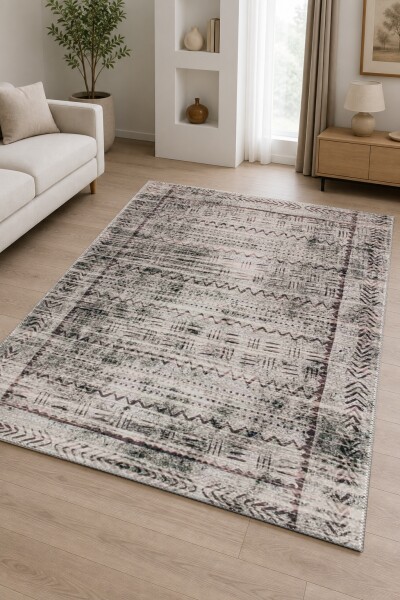 Berber Tribal Zigzag Chevron Desenli Dekoratif Salon Halısı – Bej Gri Siyah