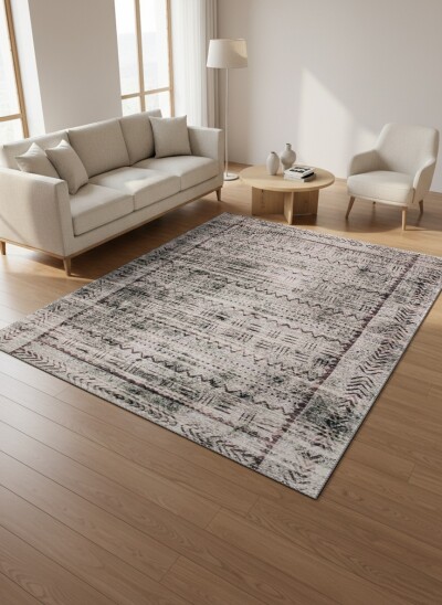 Berber Tribal Zigzag Chevron Desenli Dekoratif Salon Halısı – Bej Gri Siyah