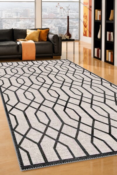 Trellis Kafes Örgü Geometrik Desenli Dekoratif Salon Halısı – Krem Siyah