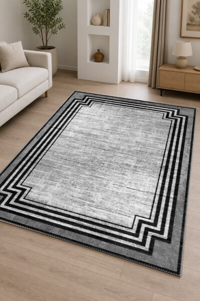 Eskitme Köşeli Art Deco Çerçeveli Dekoratif Salon Halısı – Gri Gümüş Siyah