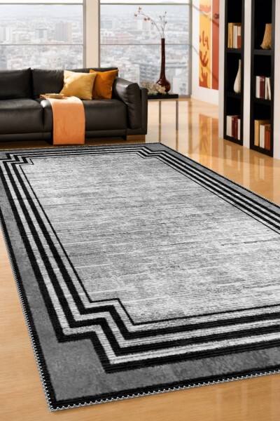 Eskitme Köşeli Art Deco Çerçeveli Dekoratif Salon Halısı – Gri Gümüş Siyah