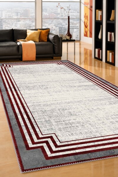 Eskitme Köşeli Art Deco Çerçeveli Dekoratif Salon Halısı – Krem Bordo