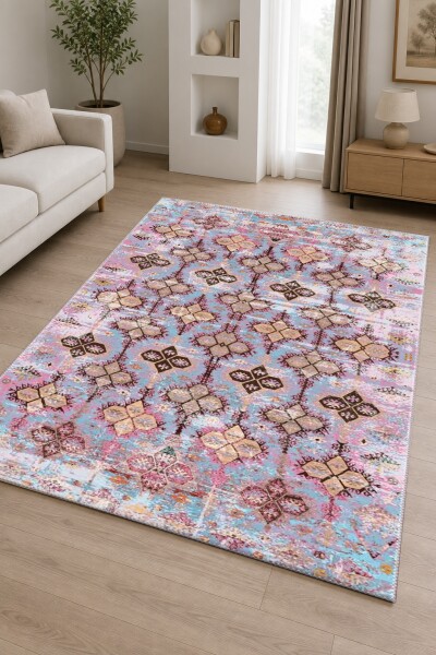 Eskitme Renkli Tribal Arabesk Madalyon Dekoratif Salon Halısı – Mavi Pembe Bej