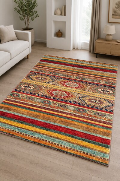 Kazak Kilim Şeritli Geometrik Madalyon Dekoratif Salon Halısı – Çok Renkli