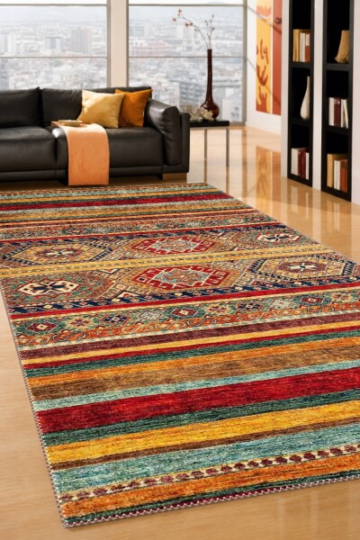 Kazak Kilim Şeritli Geometrik Madalyon Dekoratif Salon Halısı – Çok Renkli