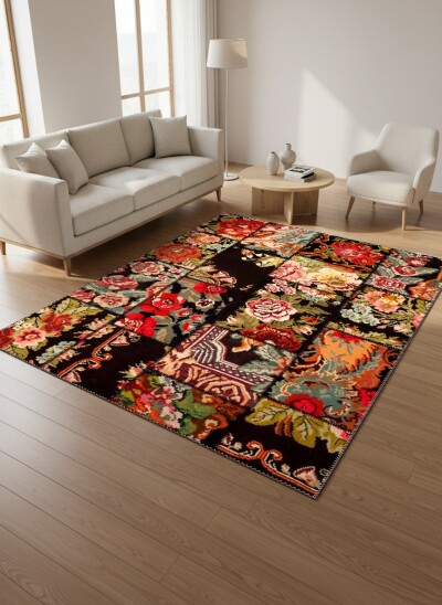 Patchwork Gül Kilim Kolaj Desenli Dekoratif Salon Halısı – Siyah Çok Renkli
