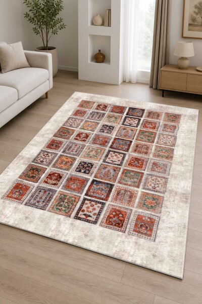 Patchwork Mini Kilim Kolaj Antika Desenli Dekoratif Salon Halısı – Krem Çok Renkli