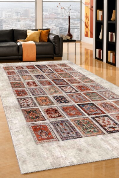 Patchwork Mini Kilim Kolaj Antika Desenli Dekoratif Salon Halısı – Krem Çok Renkli