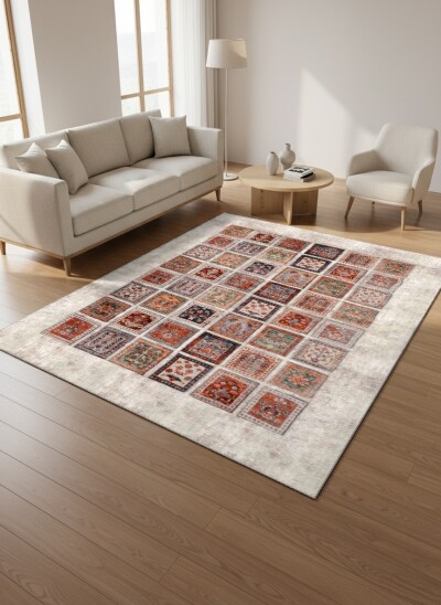 Patchwork Mini Kilim Kolaj Antika Desenli Dekoratif Salon Halısı – Krem Çok Renkli