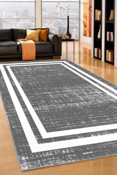 Minimalist Gri Doku Çift Çerçeveli Dekoratif Salon Halısı – Gri Beyaz
