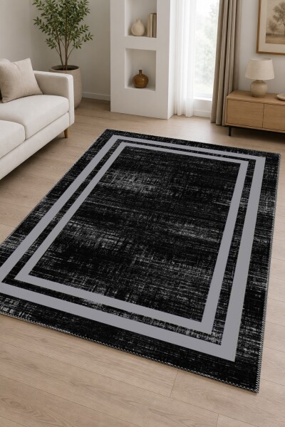 Minimalist Siyah Doku Gri Çerçeveli Dekoratif Salon Halısı – Siyah Gri