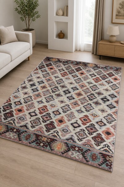 Berber Bohem Elmas Geometrik Tribal Desenli Dekoratif Salon Halısı – Krem Terracotta
