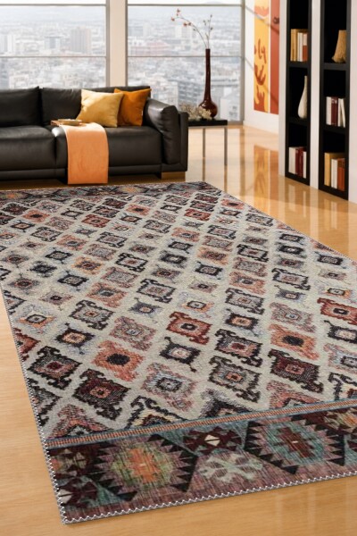 Berber Bohem Elmas Geometrik Tribal Desenli Dekoratif Salon Halısı – Krem Terracotta