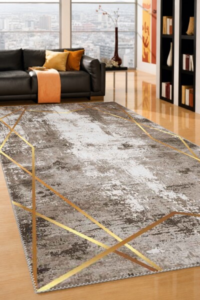 Lüks Soyut Eskitme Altın Geometrik Çizgili Dekoratif Salon Halısı – Gri Altın