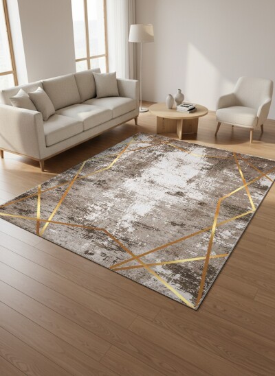 Lüks Soyut Eskitme Altın Geometrik Çizgili Dekoratif Salon Halısı – Gri Altın