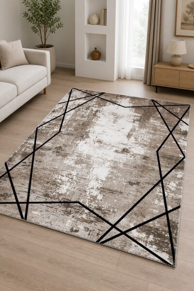 Modern Soyut Eskitme Siyah Geometrik Çizgili Dekoratif Salon Halısı – Gri Siyah