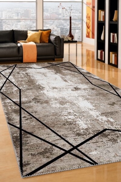 Modern Soyut Eskitme Siyah Geometrik Çizgili Dekoratif Salon Halısı – Gri Siyah