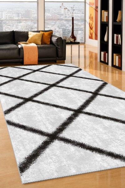 Berber Fas Trellis Elmas Kafes Desenli Dekoratif Salon Halısı – Krem Siyah