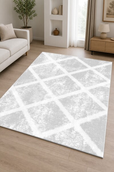 Minimalist Gümüş Elmas Trellis Dokulu Dekoratif Salon Halısı – Beyaz Gümüş