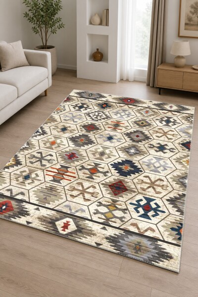 Anadolu Kilim Altıgen Kolaj Motifli Dekoratif Salon Halısı – Krem Çok Renkli