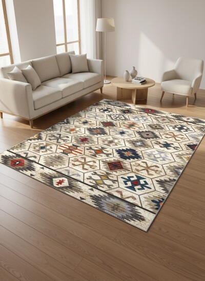Anadolu Kilim Altıgen Kolaj Motifli Dekoratif Salon Halısı – Krem Çok Renkli