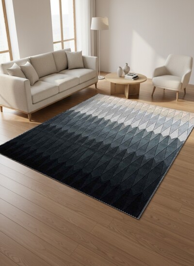 Modern Zigzag Sivri Dalgalı Ombre Dekoratif Salon Halısı – Gri Antrasit
