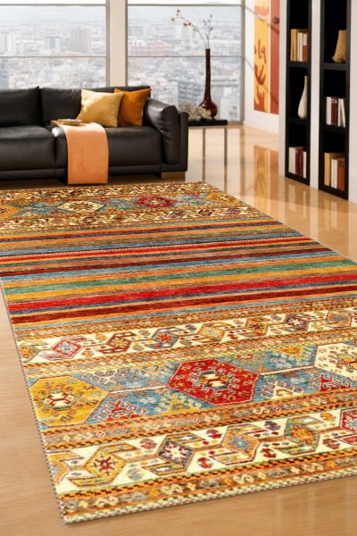 Afgan Ziegler Gökkuşağı Şeritli Geometrik Dekoratif Salon Halısı – Çok Renkli