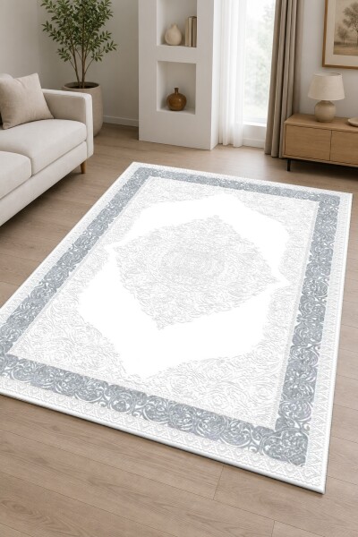 Narin Gümüş Arabesk Madalyon Kabartmalı Dekoratif Salon Halısı – Beyaz Gümüş