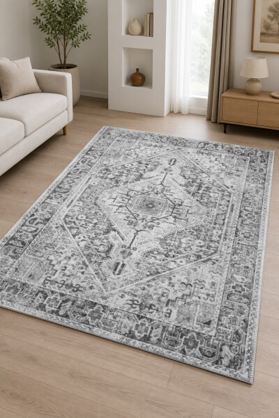 Monokrom Gri Eskitme Geometrik Madalyon Dekoratif Salon Halısı – Gri Beyaz