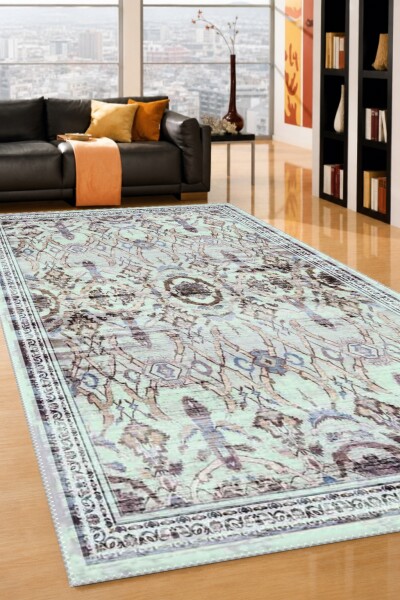 Eskitme Mint Ikat Trellis Madalyon Dekoratif Salon Halısı – Mint Kahve Mor