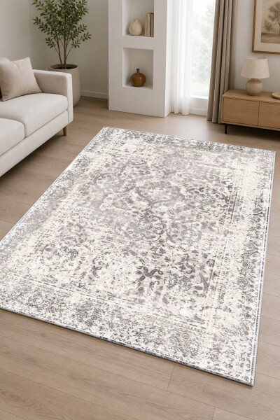 Eskitme Gri Damask Arabesk Tüm Yüzey Desenli Dekoratif Salon Halısı – Gri Beyaz