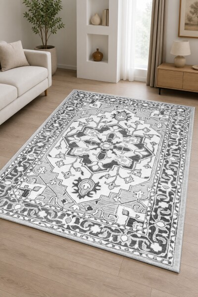 Monokrom Gri Geometrik Heriz Madalyon Çiçekli Dekoratif Salon Halısı – Gri Beyaz