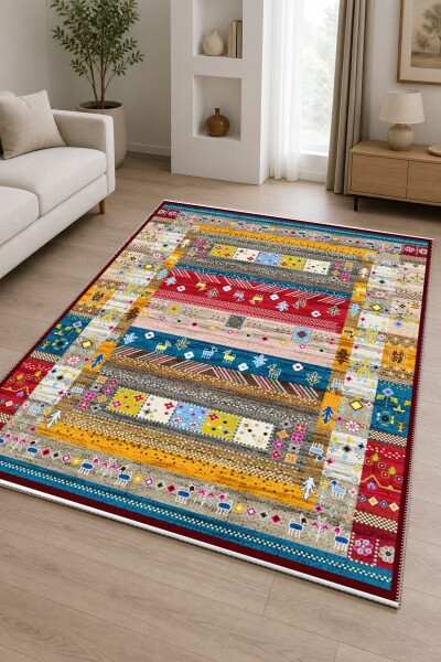 Afgan Gabbeh Çok Renkli Şeritli Kilim Dekoratif Salon Halısı – Çok Renkli