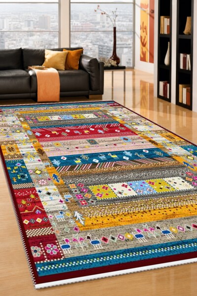 Afgan Gabbeh Çok Renkli Şeritli Kilim Dekoratif Salon Halısı – Çok Renkli