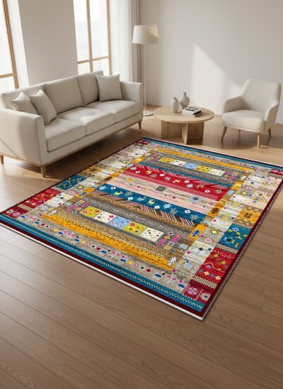 Afgan Gabbeh Çok Renkli Şeritli Kilim Dekoratif Salon Halısı – Çok Renkli