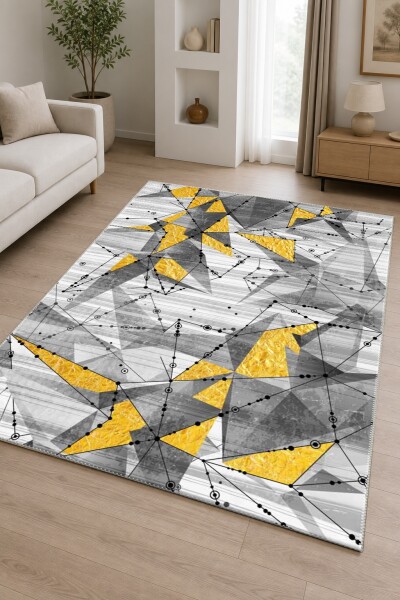 Modern Geometrik Constellation Altın Üçgenli Dekoratif Salon Halısı – Beyaz Gri Altın