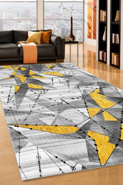 Modern Geometrik Constellation Altın Üçgenli Dekoratif Salon Halısı – Beyaz Gri Altın