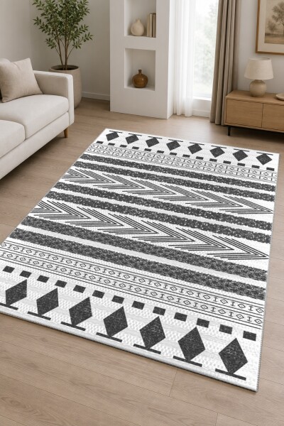 Aztek Tribal Şeritli Geometrik Desenli Dekoratif Salon Halısı – Siyah Beyaz