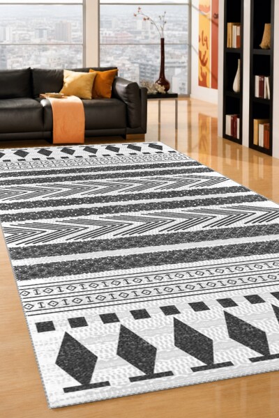 Aztek Tribal Şeritli Geometrik Desenli Dekoratif Salon Halısı – Siyah Beyaz