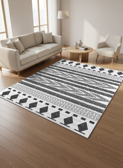 Aztek Tribal Şeritli Geometrik Desenli Dekoratif Salon Halısı – Siyah Beyaz