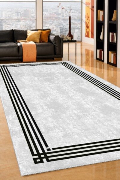 Minimalist Gri Mermer Doku Üçlü Çerçeveli Dekoratif Salon Halısı – Gri Siyah