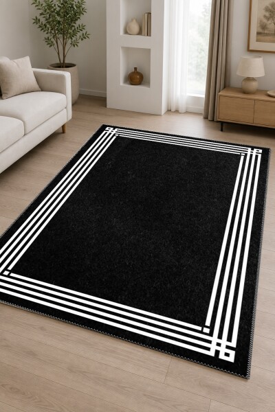 Minimalist Siyah Düz Yüzey Çift Çerçeve Bordürlü Salon Halısı — Siyah Beyaz