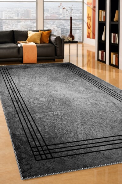 Eskitme Beton Doku Çizikli Endüstriyel Gri Çerçeve Bordürlü Salon Halısı