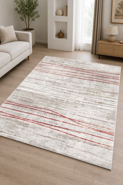 Soyut Kırmızı Beyaz Dalgalı Çizgili Modern Salon Halısı — Krem Kırmızı
