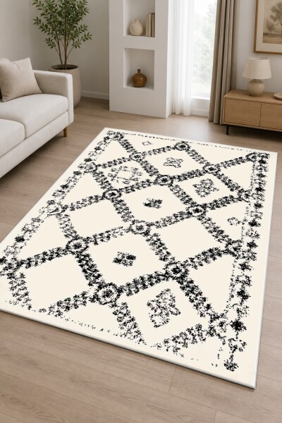 Bohem Berber Tribal Elmas Kafes Desenli Dekoratif Salon Halısı — Krem Siyah