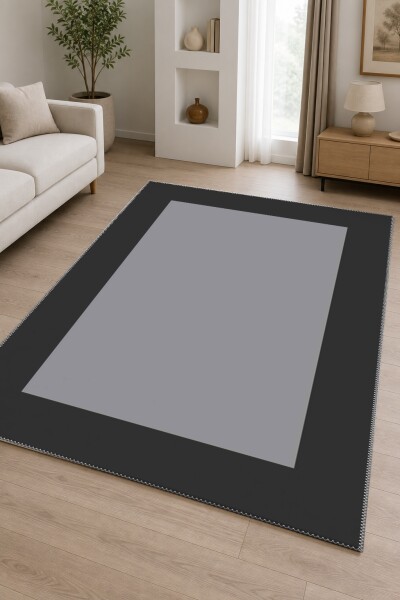 Minimalist Düz Gri Siyah Geniş Çerçeve Bordürlü Salon Halısı — Gri Siyah