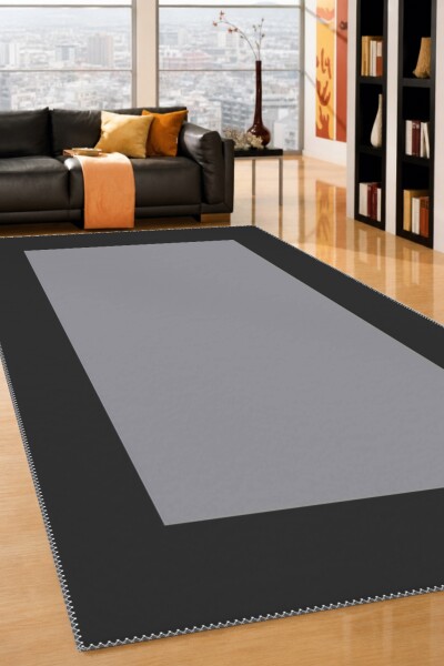 Minimalist Düz Gri Siyah Geniş Çerçeve Bordürlü Salon Halısı — Gri Siyah